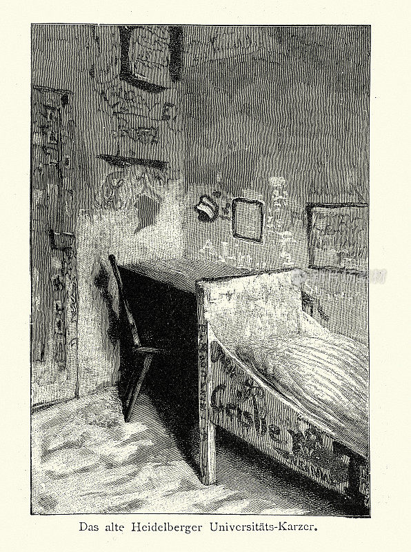 复古插画，海德堡大学学生监狱的牢房。Das alter海德堡Universit?tskarzer